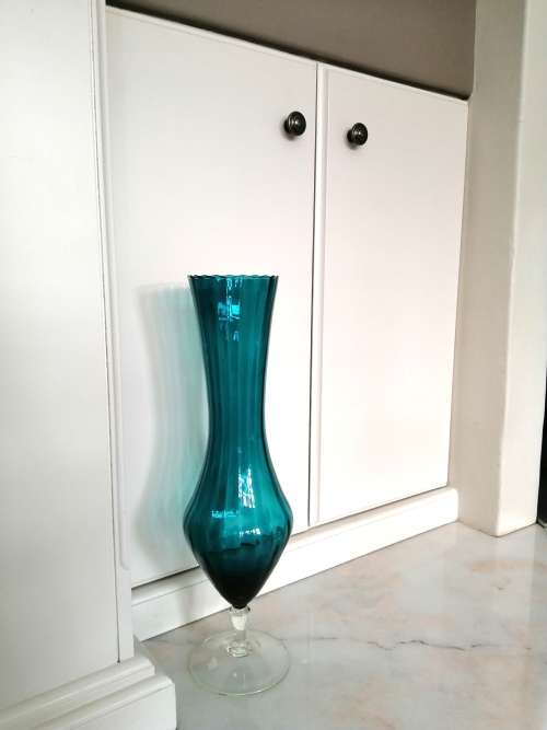 Mid Century Vintage Italian Hand Blown Glass Very Tall Blue - Green Vase on clear stem