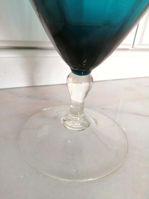 Mid Century Vintage Italian Hand Blown Glass Very Tall Blue - Green Vase on clear stem