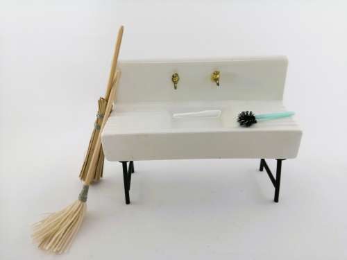 Vintage Dollhouse Miniature Ceramic Sink brushes and mop