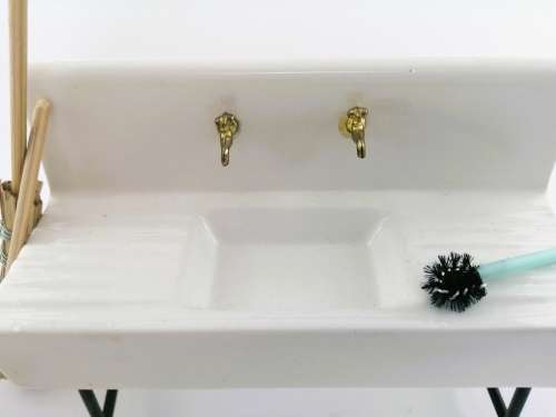 Vintage Dollhouse Miniature Ceramic Sink brushes and mop