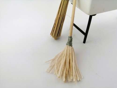 Vintage Dollhouse Miniature Ceramic Sink brushes and mop