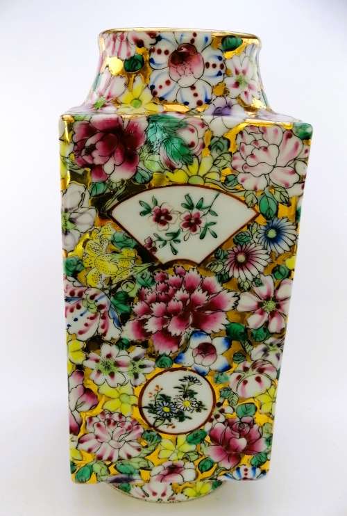 Chinese Tall Vase Famille Rose depicting maidens and dense flowerhead