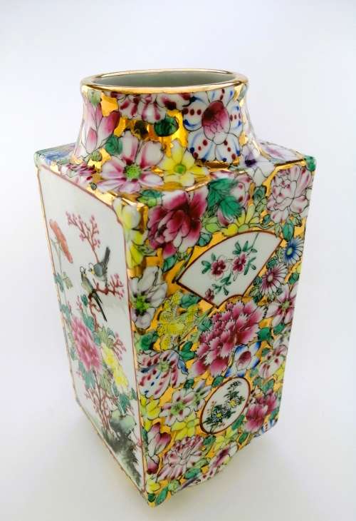 Chinese Tall Vase Famille Rose depicting maidens and dense flowerhead