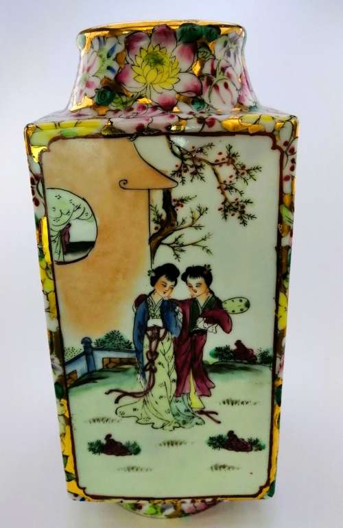 Chinese Tall Vase Famille Rose depicting maidens and dense flowerhead
