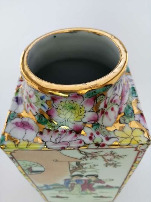 Chinese Tall Vase Famille Rose depicting maidens and dense flowerhead