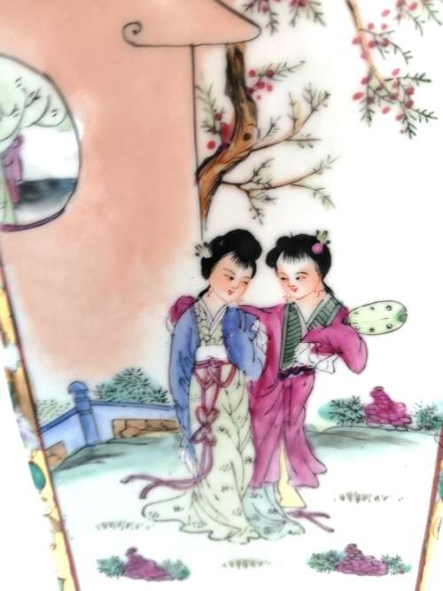 Chinese Tall Vase Famille Rose depicting maidens and dense flowerhead