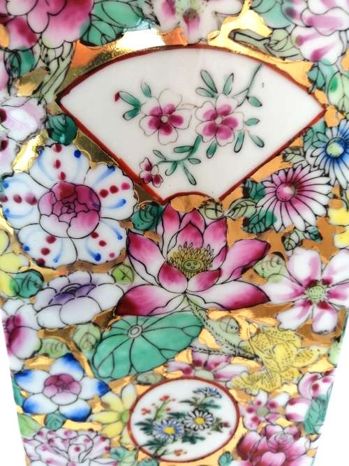 Chinese Tall Vase Famille Rose depicting maidens and dense flowerhead