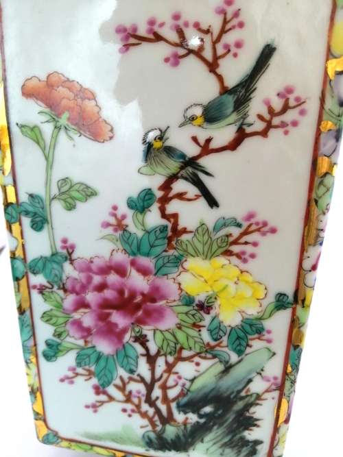 Chinese Tall Vase Famille Rose depicting maidens and dense flowerhead