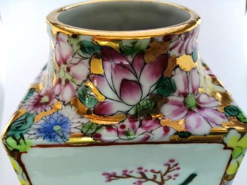 Chinese Tall Vase Famille Rose depicting maidens and dense flowerhead