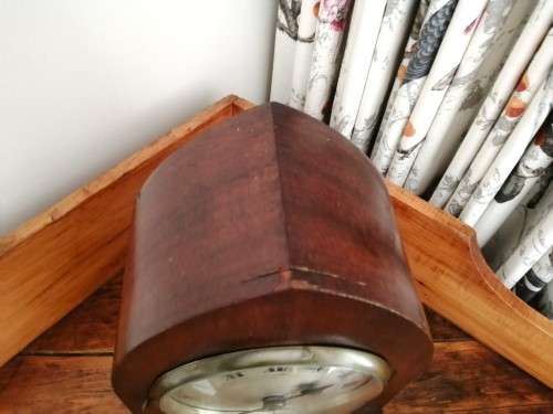 English Tame Side Single Chain Fusee brass bezel in an oak lancet shape case. Mantel Clock