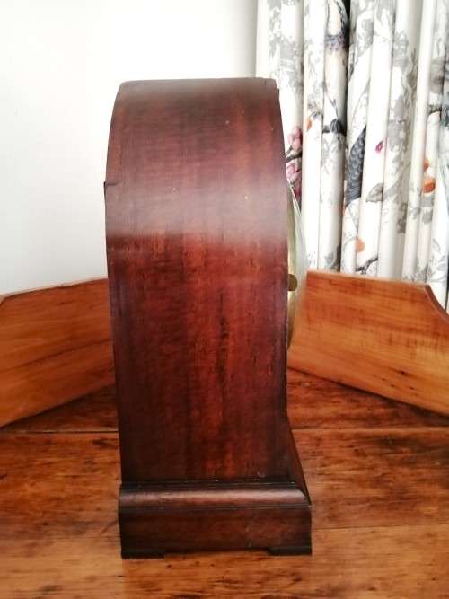 English Tame Side Single Chain Fusee brass bezel in an oak lancet shape case. Mantel Clock