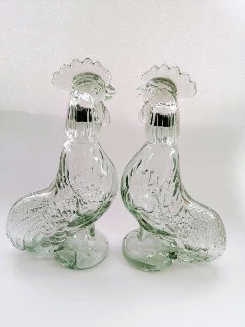 Pair of Vintage French Clear Glass Roosters 28oz Decanter - Liqueur Bottle - Figural Decanter