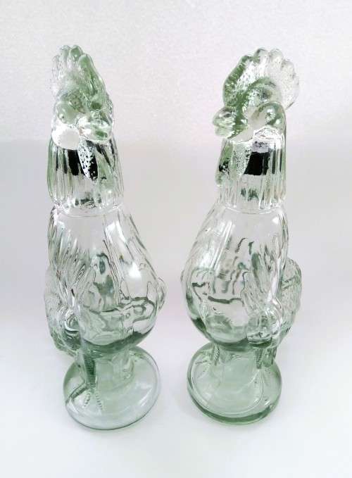 Pair of Vintage French Clear Glass Roosters 28oz Decanter - Liqueur Bottle - Figural Decanter