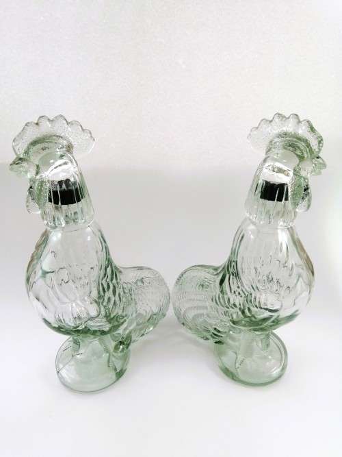 Pair of Vintage French Clear Glass Roosters 28oz Decanter - Liqueur Bottle - Figural Decanter