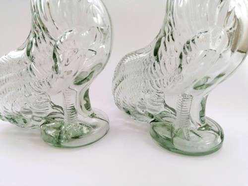 Pair of Vintage French Clear Glass Roosters 28oz Decanter - Liqueur Bottle - Figural Decanter