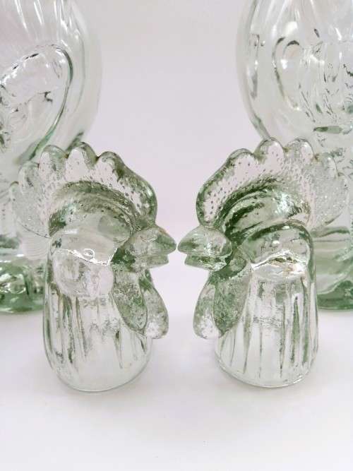 Pair of Vintage French Clear Glass Roosters 28oz Decanter - Liqueur Bottle - Figural Decanter