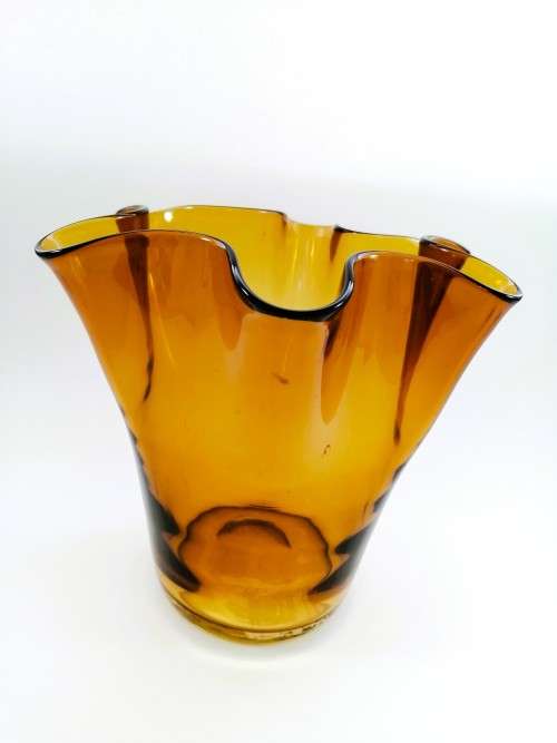 Large Amber glass vase has a unusual handkerchief shape
