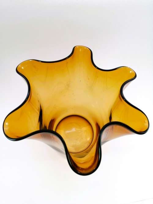 Large Amber glass vase has a unusual handkerchief shape