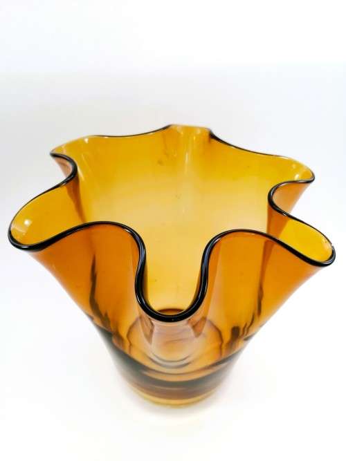 Large Amber glass vase has a unusual handkerchief shape