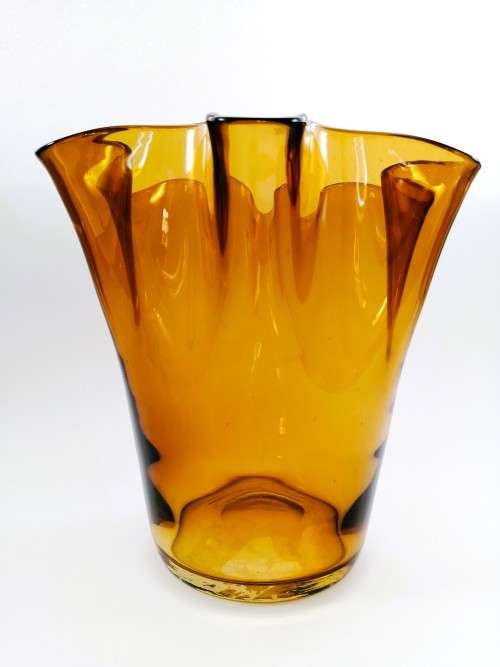 Large Amber glass vase has a unusual handkerchief shape