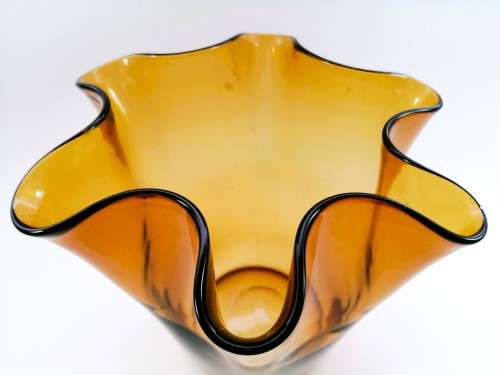 Large Amber glass vase has a unusual handkerchief shape