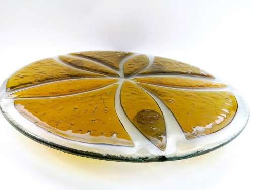 Large Round Amber and Clear Footed Glass Flower Cake Plate Platter