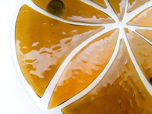 Large Round Amber and Clear Footed Glass Flower Cake Plate Platter