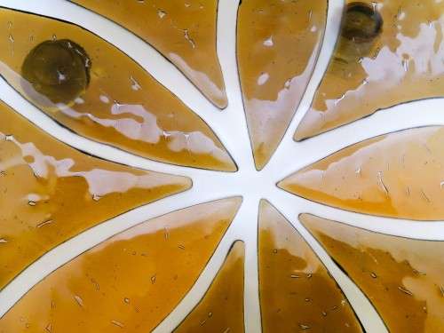 Large Round Amber and Clear Footed Glass Flower Cake Plate Platter