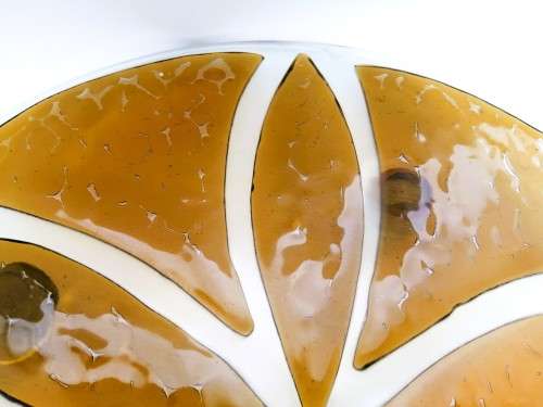 Large Round Amber and Clear Footed Glass Flower Cake Plate Platter