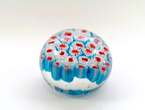 Hand Blown Millefiori Glass Paperweight in Blue, Red and White