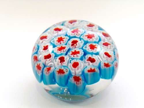 Hand Blown Millefiori Glass Paperweight in Blue, Red and White