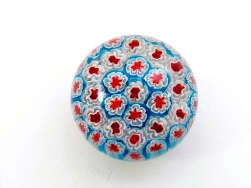 Hand Blown Millefiori Glass Paperweight in Blue, Red and White