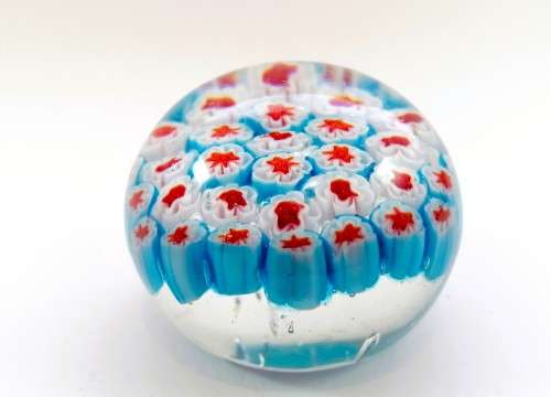 Hand Blown Millefiori Glass Paperweight in Blue, Red and White