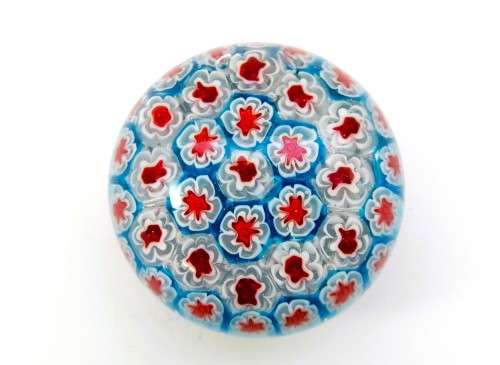 Hand Blown Millefiori Glass Paperweight in Blue, Red and White