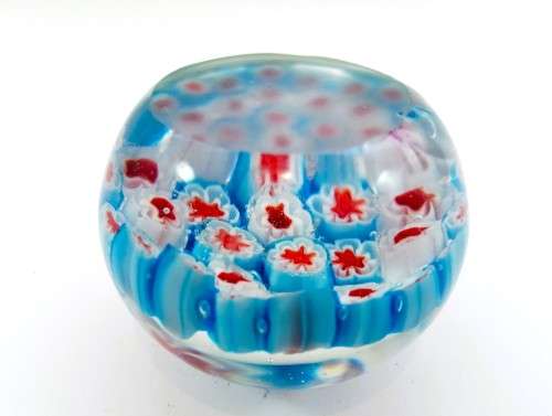 Hand Blown Millefiori Glass Paperweight in Blue, Red and White