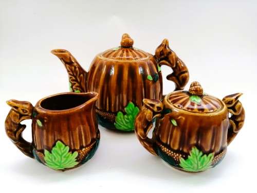 Vintage Glazed Porcelain Squirrel Nut T - Pot Sugar Creamer and Tea Pot