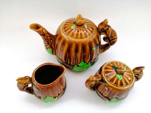 Vintage Glazed Porcelain Squirrel Nut T - Pot Sugar Creamer and Tea Pot