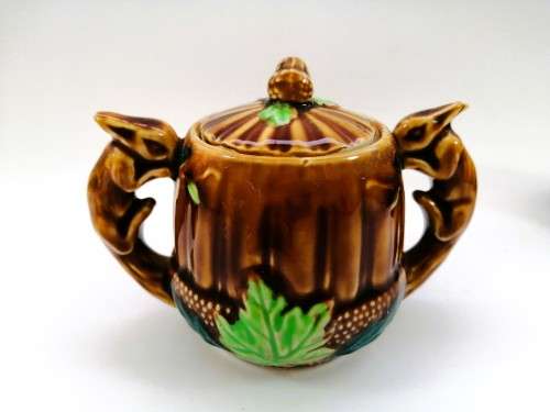 Vintage Glazed Porcelain Squirrel Nut T - Pot Sugar Creamer and Tea Pot