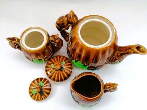 Vintage Glazed Porcelain Squirrel Nut T - Pot Sugar Creamer and Tea Pot