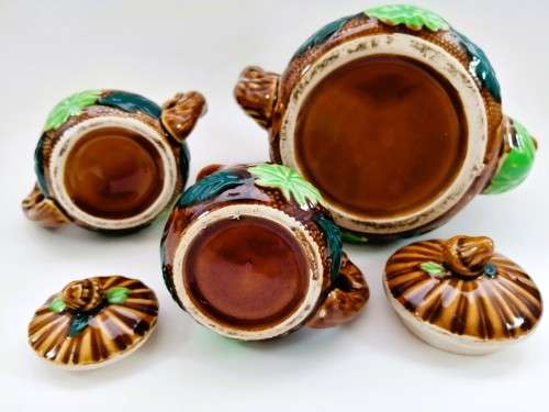 Vintage Glazed Porcelain Squirrel Nut T - Pot Sugar Creamer and Tea Pot