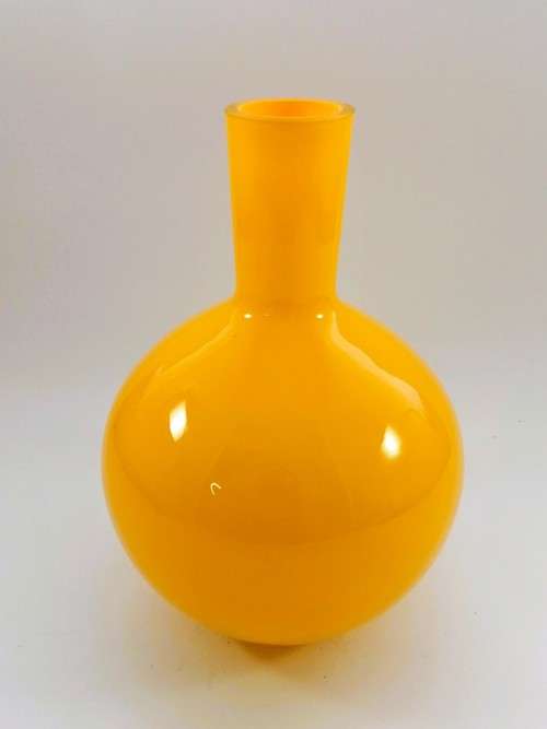 VIVID YELLOW KROSNO POLAND BULBOUS VASE WITH NARROW NECK MODERN, FUTURISTIC,