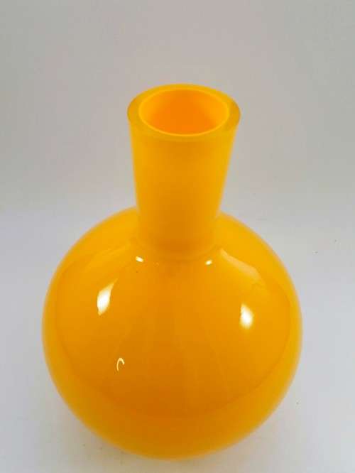 VIVID YELLOW KROSNO POLAND BULBOUS VASE WITH NARROW NECK MODERN, FUTURISTIC,