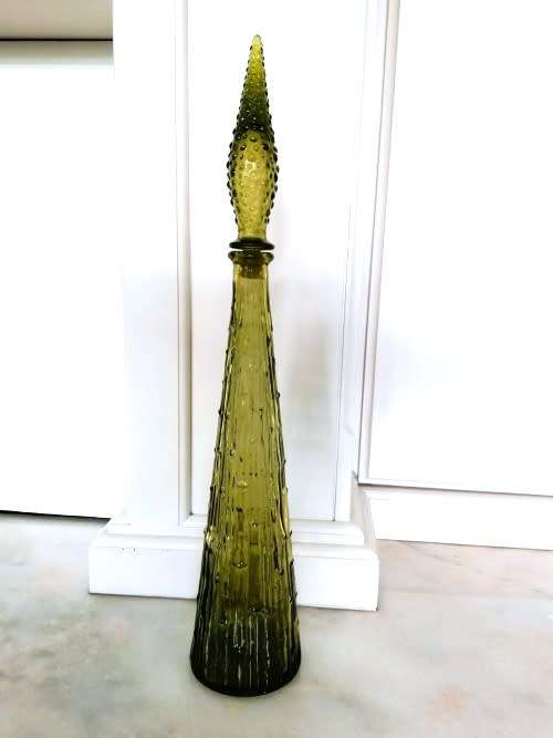 Vintage Empoli Green Yellow glass Genie bottle Bubble decanter with lid