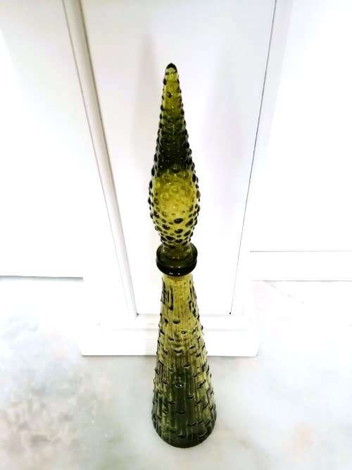 Vintage Empoli Green Yellow glass Genie bottle Bubble decanter with lid