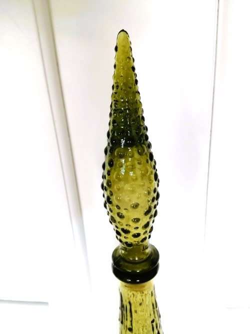 Vintage Empoli Green Yellow glass Genie bottle Bubble decanter with lid