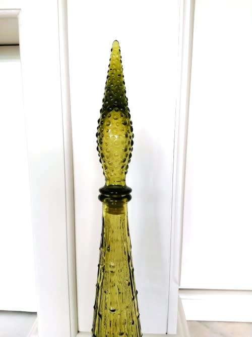 Vintage Empoli Green Yellow glass Genie bottle Bubble decanter with lid