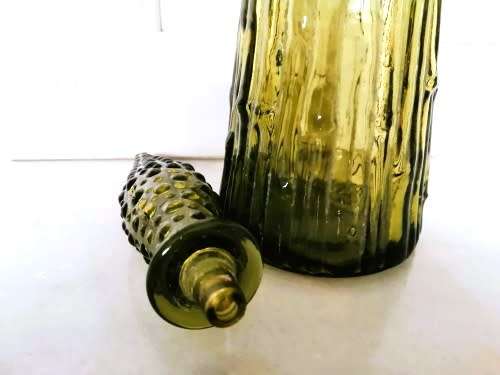 Vintage Empoli Green Yellow glass Genie bottle Bubble decanter with lid