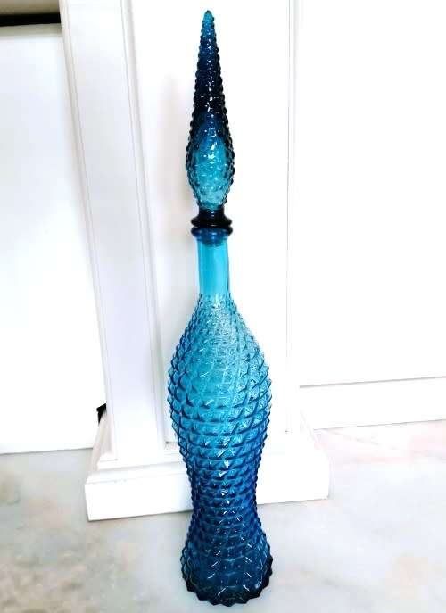 Vintage Empoli Blue Teal glass Genie bottle Bubble decanter with lid