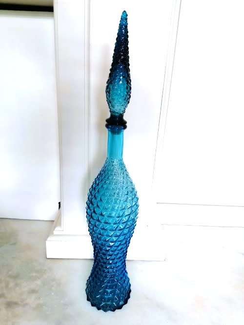 Vintage Empoli Blue Teal glass Genie bottle Bubble decanter with lid