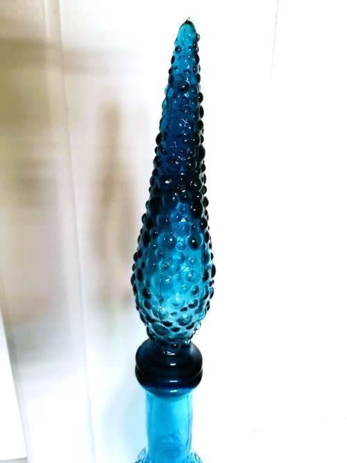 Vintage Empoli Blue Teal glass Genie bottle Bubble decanter with lid